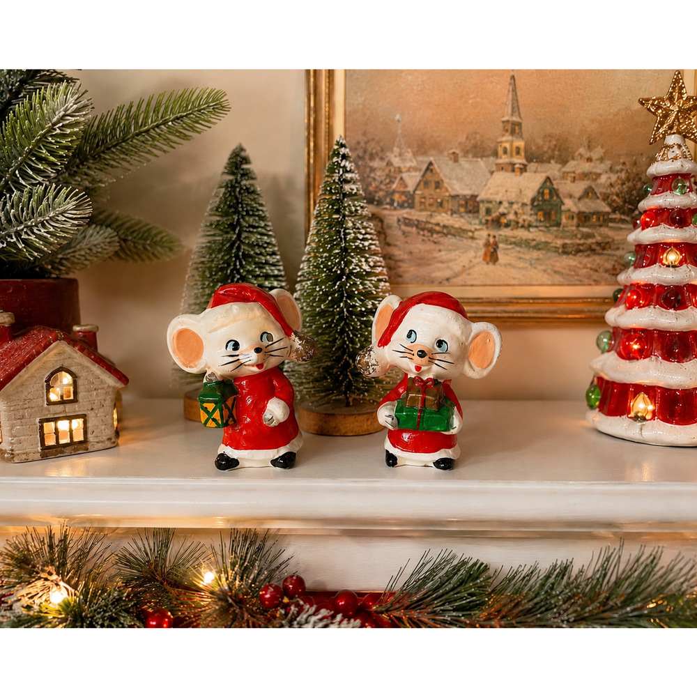 Vintage Japan Anthropomorphic Christmas Mouse Figurines Red Coat Holiday Décor